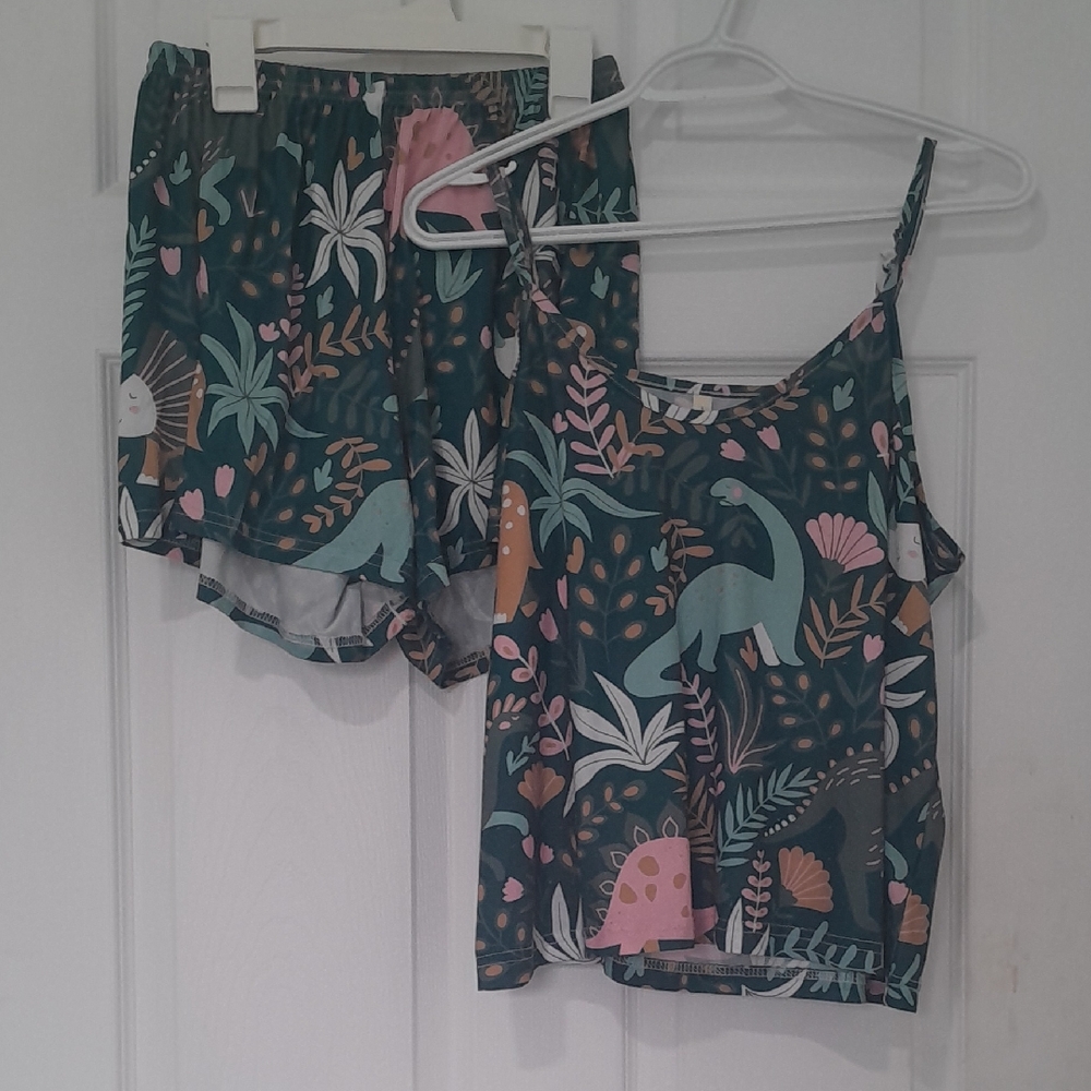 SHEIN Dinosaur Print Pajama Set - Green and Pink